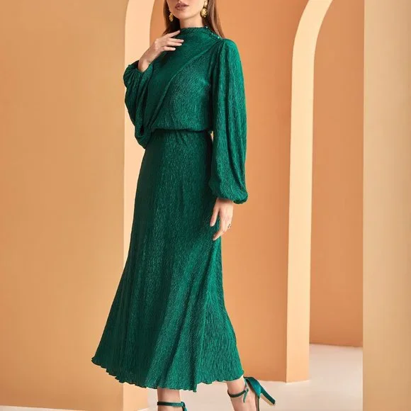 green emerald velvet dress Green Wrap Top Belted Short Sleeve Plisse Midi Dress – AX Paris US main image 0
